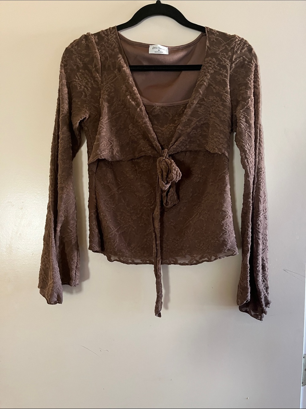 Tie-Front Textured Brown Long-Sleeve Blouse